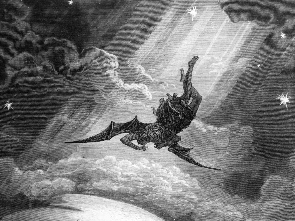 Pintura em preto e branco representando a queda de um anjo do paraíso